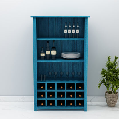 Bar Cabinet, Solid Wood Bar Cabinet, Bar Cabinet With Shelf, Blue Color Bar Cabinet, Bar Cabinet With Wood & Glass Shutter, Bar Cabinet- EL- 10044