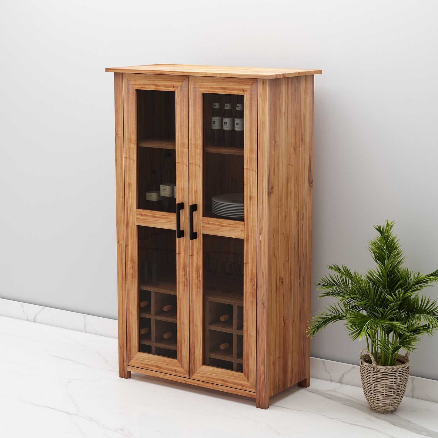 Bar Cabinet, Solid Wood Bar Cabinet, Bar Cabinet With Shelf, Brown Color Bar Cabinet, Bar Cabinet With Wood & Glass Shutter, Bar Cabinet- EL- 10045