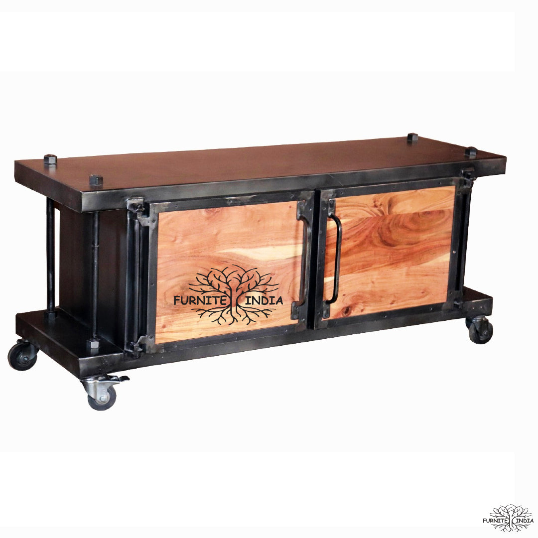 Entertainment Unit, Solid Wood Entertainment Unit, Entertainment Unit with Shutter, Black & Brown Color Entertainment Unit, Entertainment Unit with Black MS, Entertainment Unit - EL - 10051