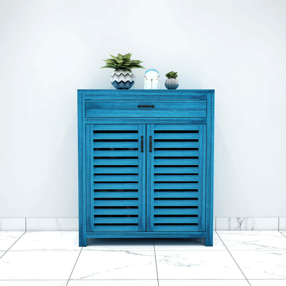 Vibrant Blue Wooden Shoe Rack with Louvered Doors & Drawer – EL-10060