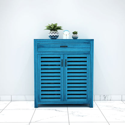 Vibrant Blue Wooden Shoe Rack with Louvered Doors & Drawer – EL-10060