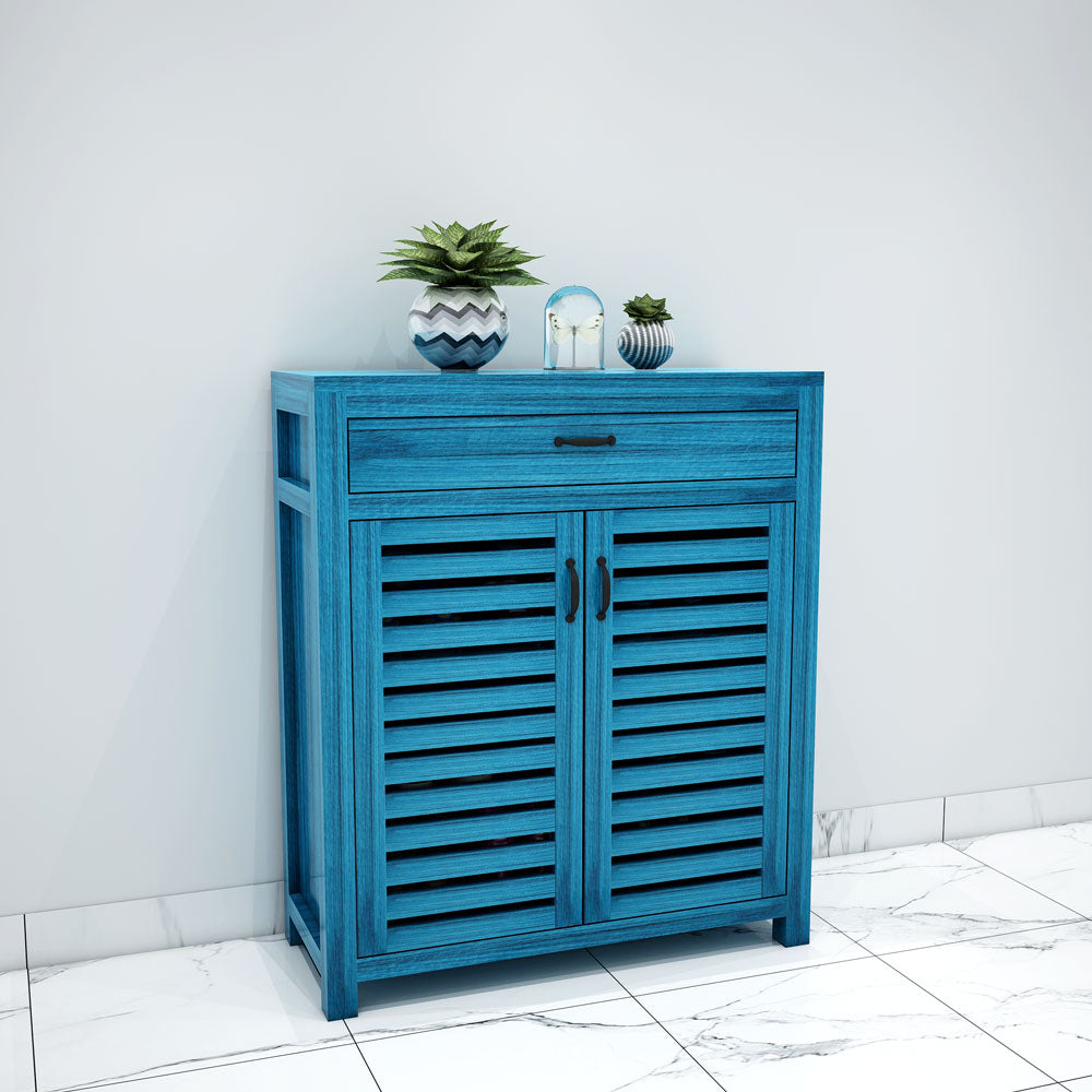 Vibrant Blue Wooden Shoe Rack with Louvered Doors & Drawer – EL-10060