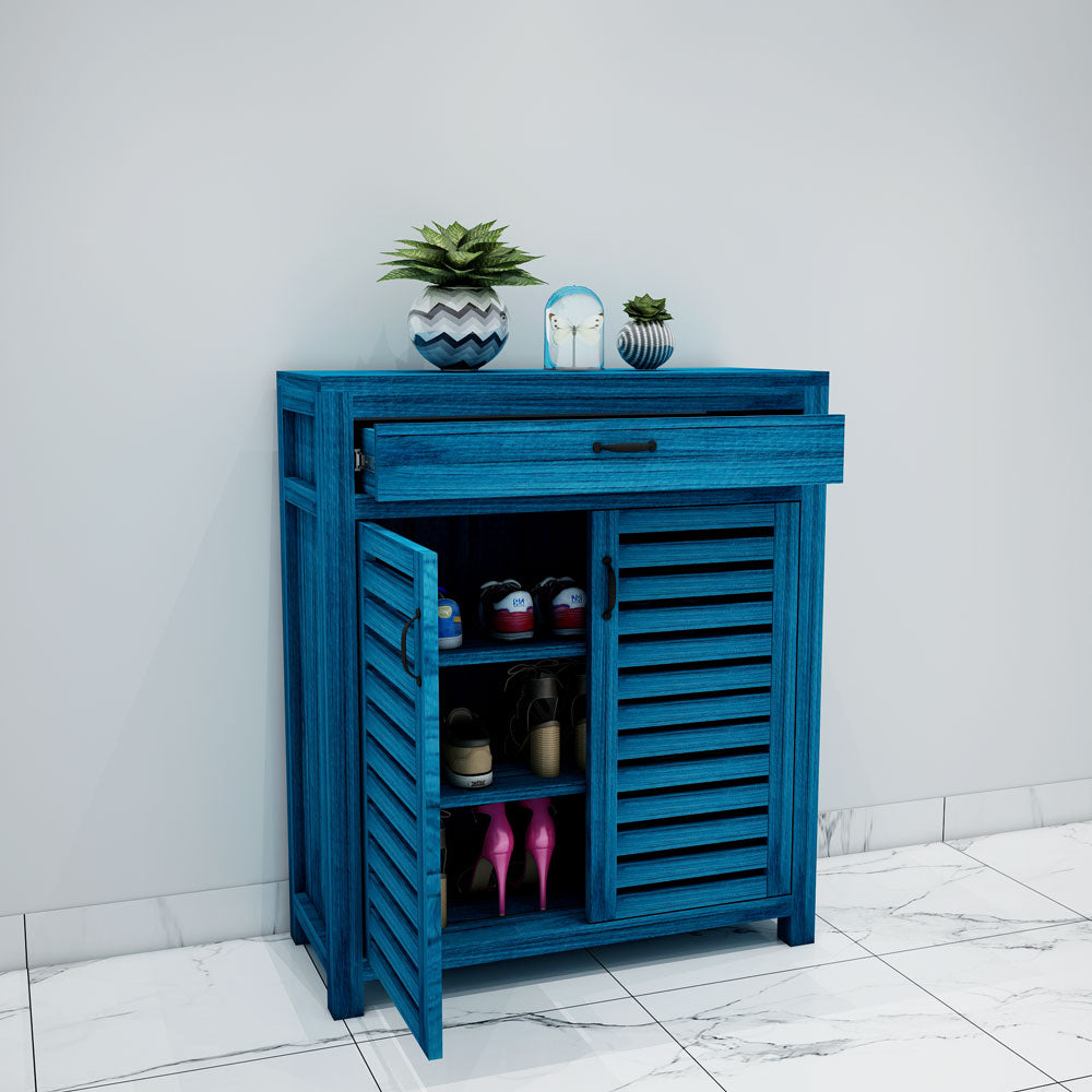 Vibrant Blue Wooden Shoe Rack with Louvered Doors & Drawer – EL-10060