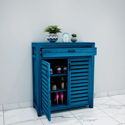 Vibrant Blue Wooden Shoe Rack with Louvered Doors & Drawer – EL-10060