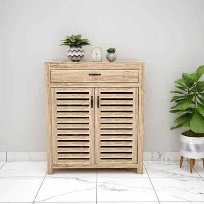 Rustic Wooden Shoe Rack with Louvered Doors & Top Drawer – EL-10061