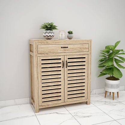 Rustic Wooden Shoe Rack with Louvered Doors & Top Drawer – EL-10061
