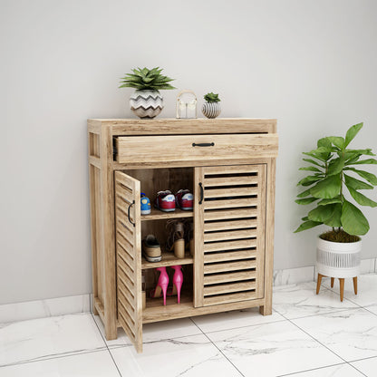 Rustic Wooden Shoe Rack with Louvered Doors & Top Drawer – EL-10061