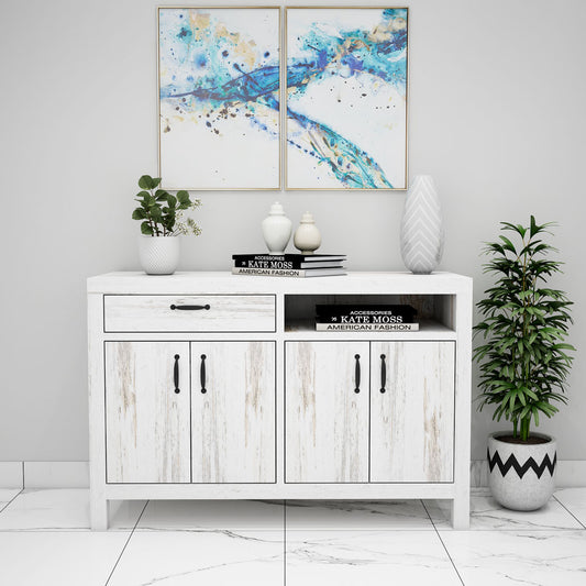 Cabinet, Solid Wood Cabinet, White Color Cabinet, Cabinet With Drawer, Cabinet With Shutter, Cabinet With Open Shelf, Cabinet- EL10063