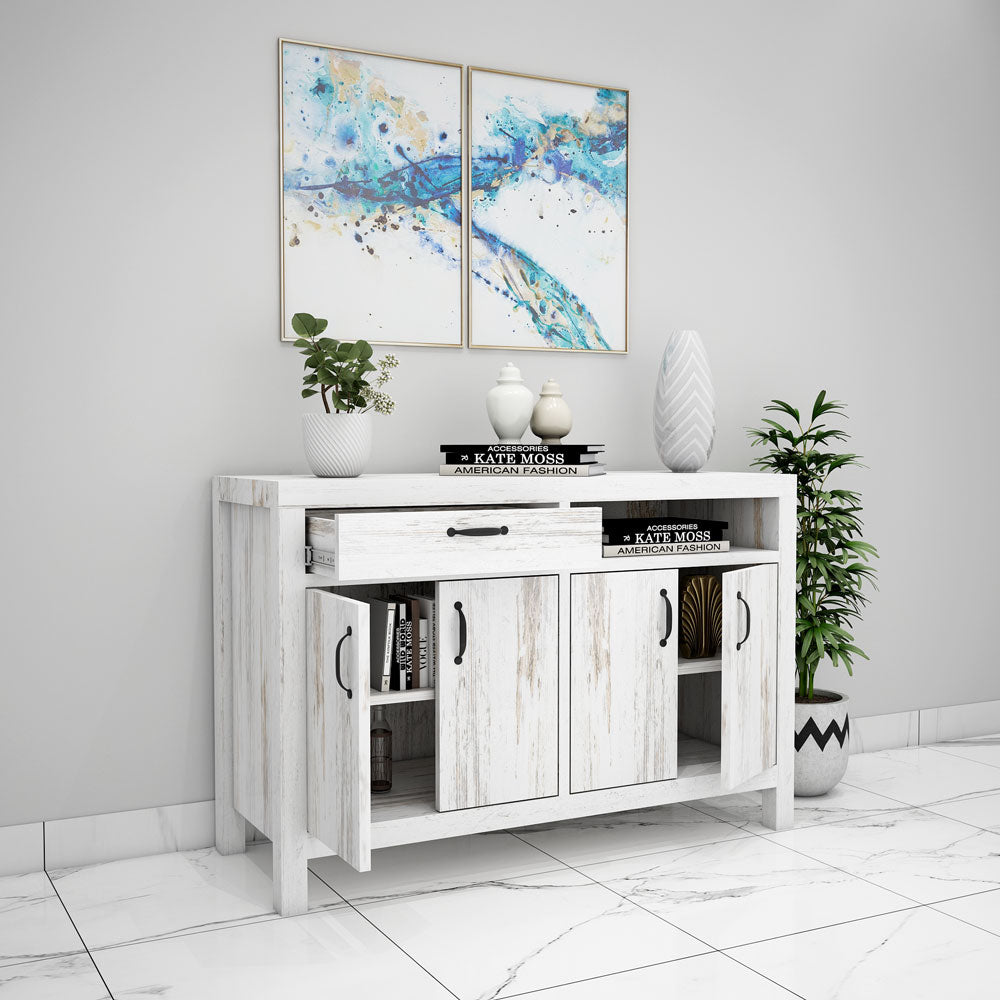 Cabinet, Solid Wood Cabinet, White Color Cabinet, Cabinet With Drawer, Cabinet With Shutter, Cabinet With Open Shelf, Cabinet- EL10063