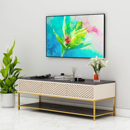 Entertainment Unit, Drawing Room Furniture, TV Cabinet, TV Unit with Beige & Black Color, Tv Unit with MS Leg in Gold Finish, Entertainment Unit - EL10064