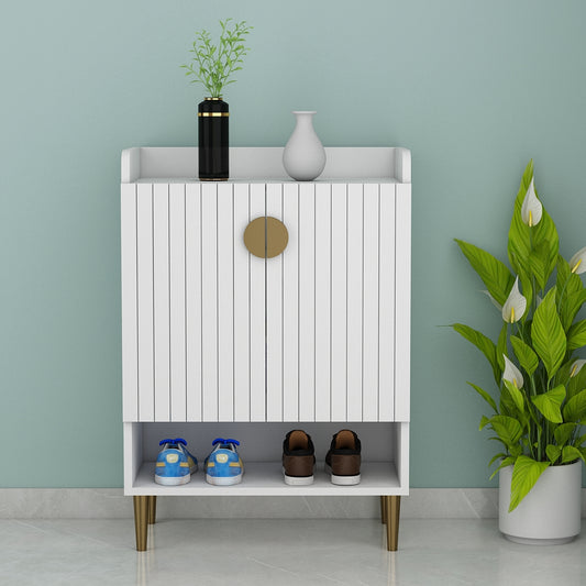 Vertical White Shoe Rack with Slatted Doors and Open Shelf – EL-10066