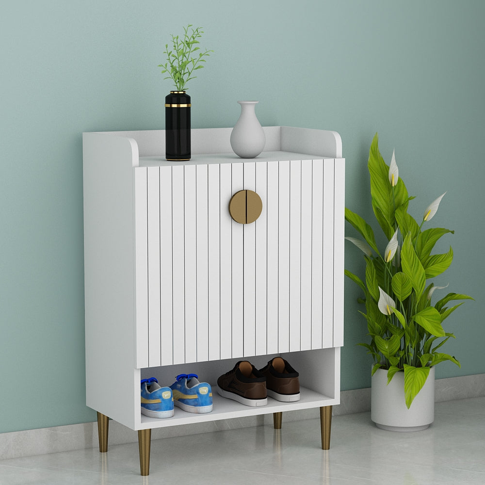 Vertical White Shoe Rack with Slatted Doors and Open Shelf – EL-10066