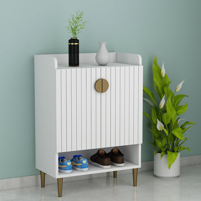 Vertical White Shoe Rack with Slatted Doors and Open Shelf – EL-10066