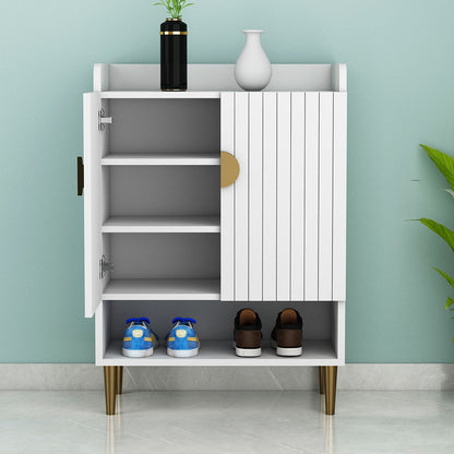 Vertical White Shoe Rack with Slatted Doors and Open Shelf – EL-10066