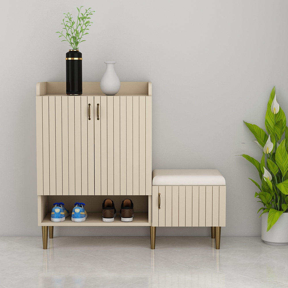 Modern Beige Wooden Shoe Rack with Multiple Storage Shelves, Padded Se ...