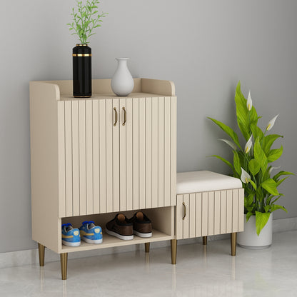 Modern Beige Wooden Shoe Rack with Multiple Storage Shelves, Padded Seating Bench & Vertical Design – EL-10067
