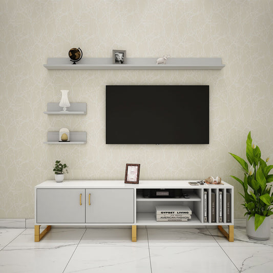 Entertainment Unit, White & Grey Color TV Unit, Entertainment Unit For Living & Bedroom Area, Entertainment Unit With Open Shelf, Entertainment Unit With Shutter, Entertainment Unit With MS Leg In Gold Finish, Entertainment Unit - EL10070