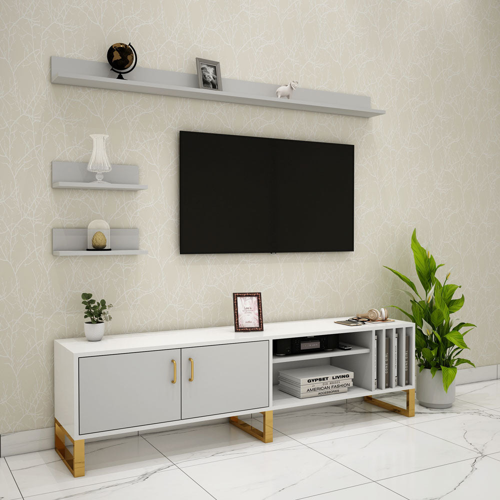 Entertainment Unit, White & Grey Color TV Unit, Entertainment Unit For Living & Bedroom Area, Entertainment Unit With Open Shelf, Entertainment Unit With Shutter, Entertainment Unit With MS Leg In Gold Finish, Entertainment Unit - EL10070