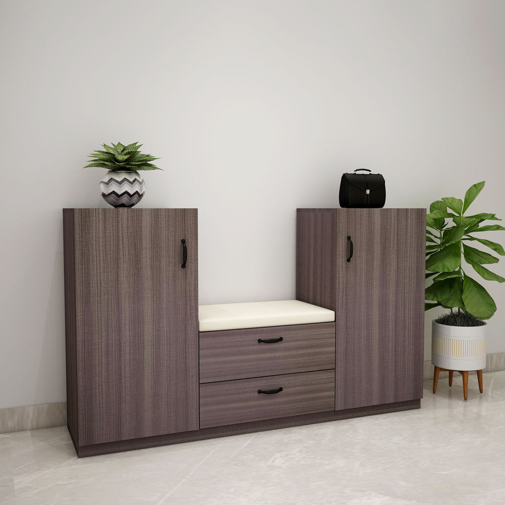 Elegant Walnut Finish Shoe Cabinet with Cushioned Seat, Dual Drawers & Multi-Shelf Storage – EL-10074