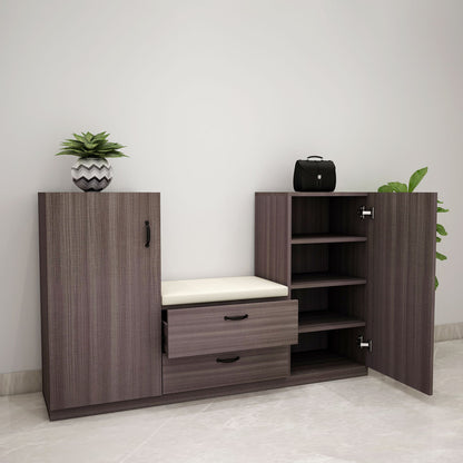 Elegant Walnut Finish Shoe Cabinet with Cushioned Seat, Dual Drawers & Multi-Shelf Storage – EL-10074