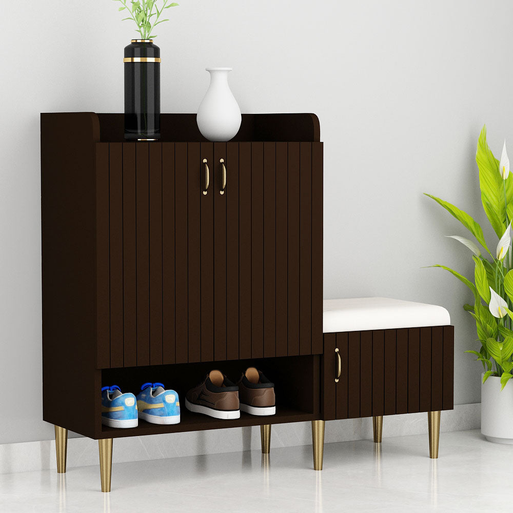 Elegant Dark Brown Shoe Cabinet with Seating – EL-10075