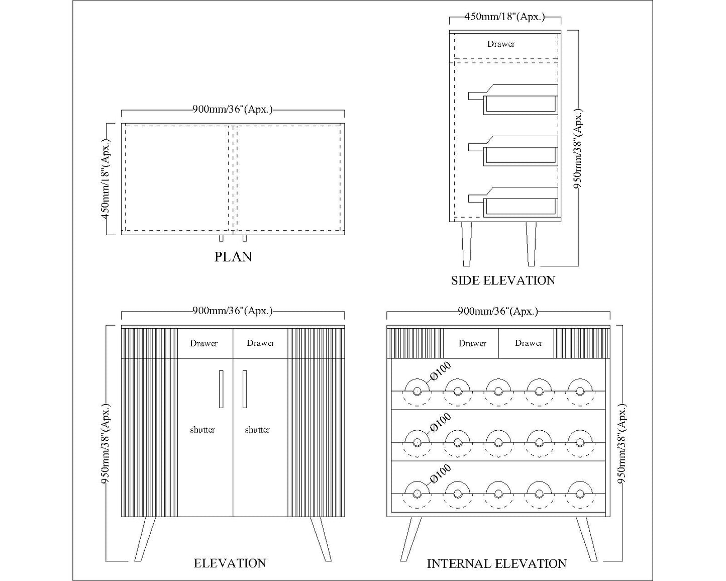 Bar Cabinet, Bar Unit, Bar Unit In Black & Golden Color, Bar Cabinet With Drawer & Shutter, Bar Cabinet - EL10081