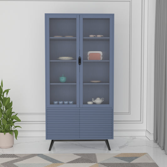 Crockery Unit, Crockery Cabinet, Crockery Storage, Kitchen Storage, Crockery Unit in Blue & Black Color, Crockery Unit With Shutter & Drawer, Crockery Unit with Glass Shutter, Crockery Unit - EL10086