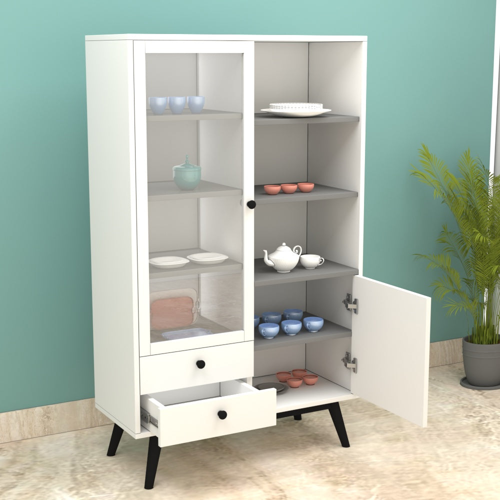 Crockery Unit, Crockery Cabinet, Crockery Storage, Kitchen Storage, Crockery Unit in Brown & Black Color, Crockery Unit With Shutter & Drawer, Crockery Unit with Glass Shutter, Crockery Unit - EL-10088