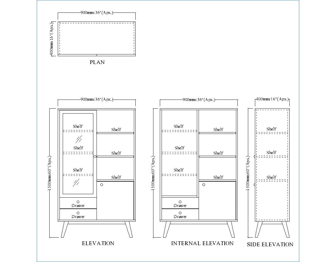 Crockery Unit, Crockery Cabinet, Crockery Storage, Kitchen Storage, Crockery Unit in Brown & Black Color, Crockery Unit With Shutter & Drawer, Crockery Unit with Glass Shutter, Crockery Unit - EL-10088