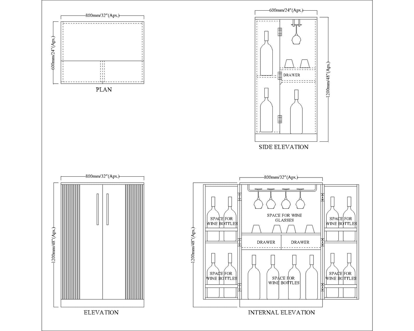 Bar Cabinet, Black Color Cabinet, Bar Cabinet with Drawer & Shutter, Wine Cabinet, Wooden Wine Rack, Bar Cabinet - EL10091