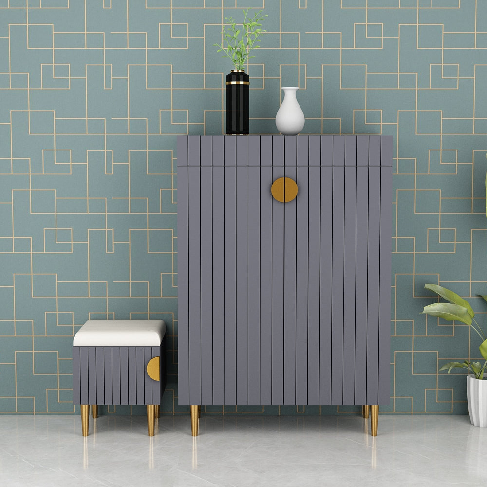 Modern Vertical Shoe Cabinet with Padded Stool – EL-10092 (Grey & Gold Finish)
