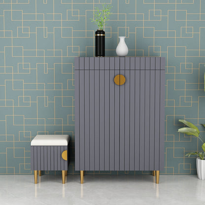 Modern Vertical Shoe Cabinet with Padded Stool – EL-10092 (Grey & Gold Finish)