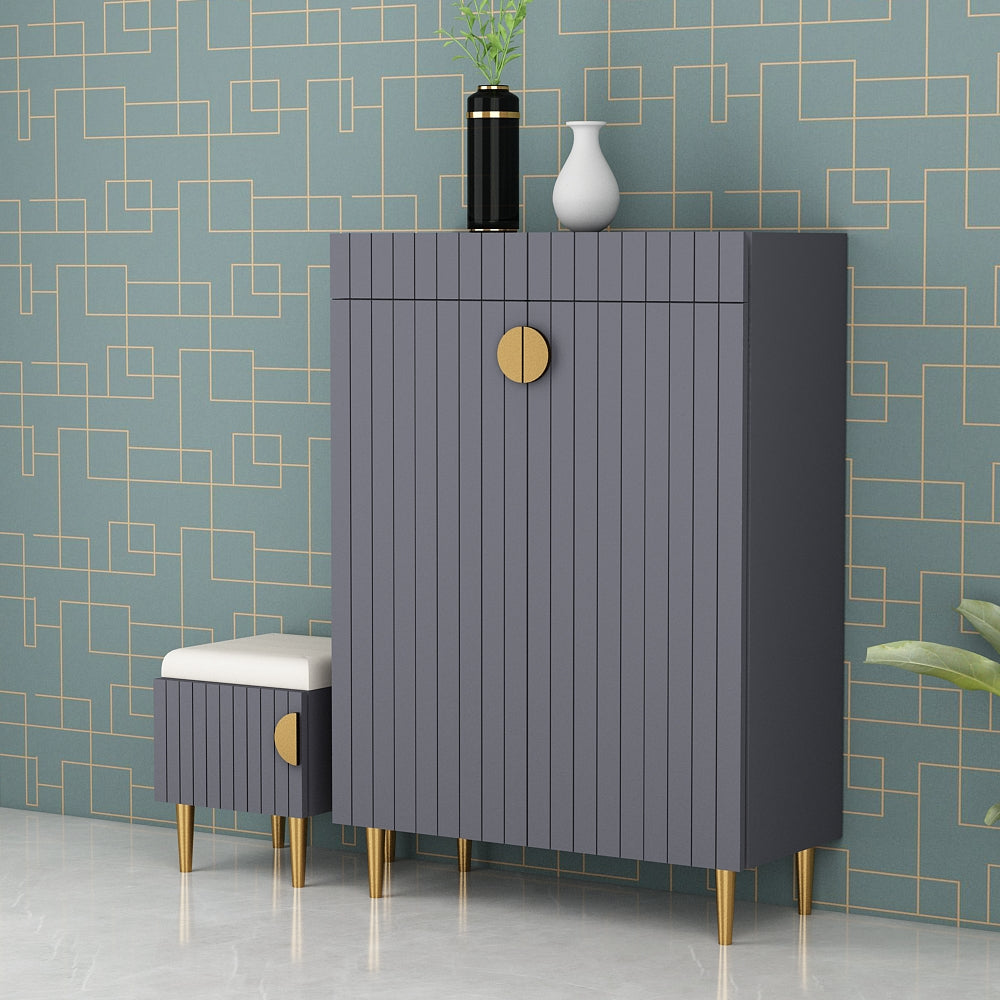 Modern Vertical Shoe Cabinet with Padded Stool – EL-10092 (Grey & Gold Finish)