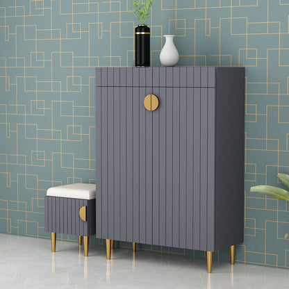 Modern Vertical Shoe Cabinet with Padded Stool – EL-10092 (Grey & Gold Finish)