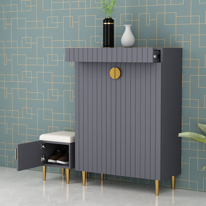 Modern Vertical Shoe Cabinet with Padded Stool – EL-10092 (Grey & Gold Finish)