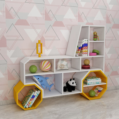 Kids Toy unit, Book Shelf, Kids unit in Tractor shape, Kids unit of Open Space, yellow & White color Kid unit, Kids unit - EL10099