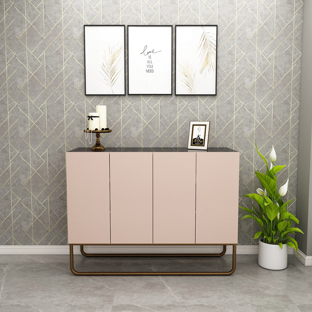 Blush Pink & Black Finish Shoe Cabinet with Dual Doors, Shelves & Metal Base Frame – EL10100