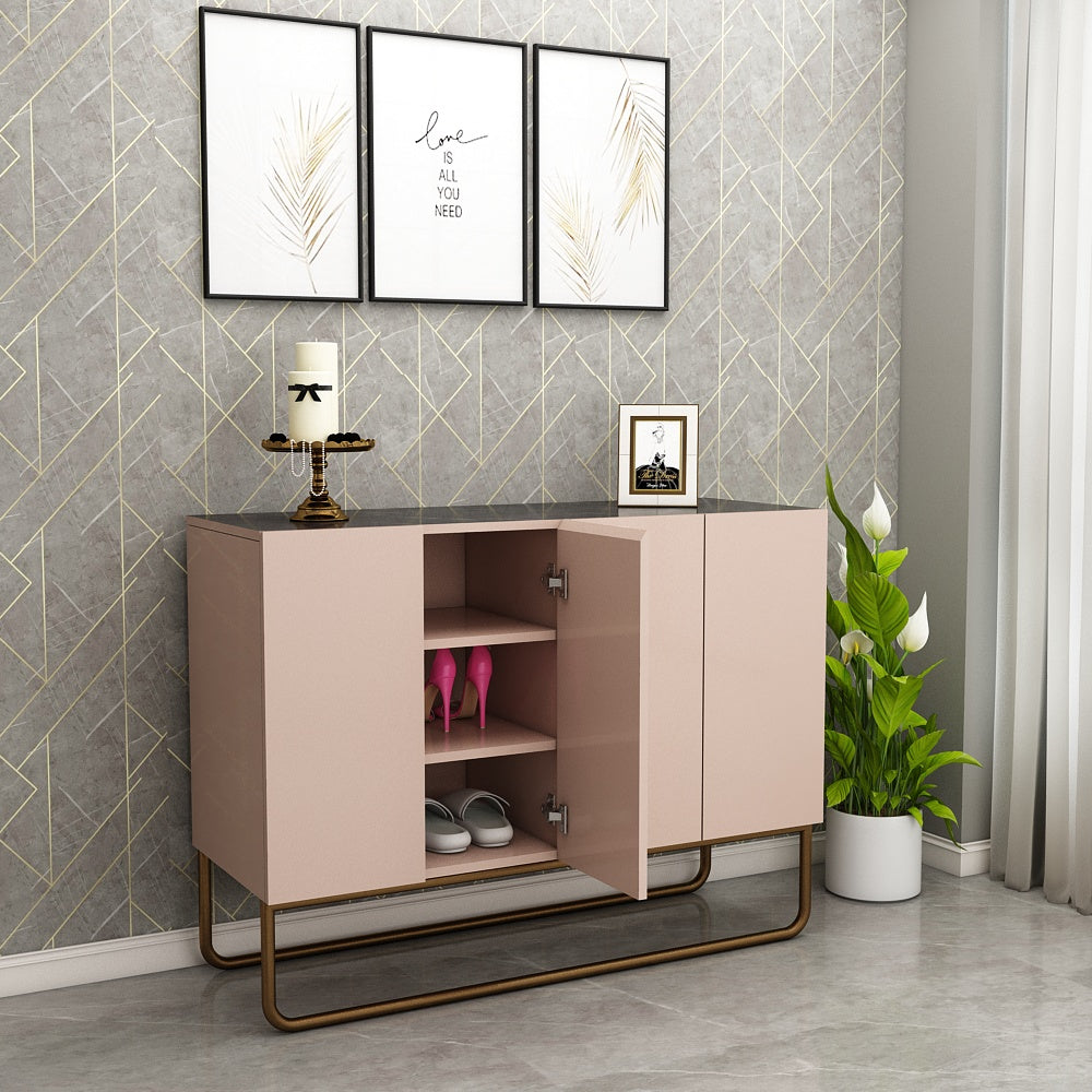 Blush Pink & Black Finish Shoe Cabinet with Dual Doors, Shelves & Metal Base Frame – EL10100