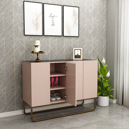 Blush Pink & Black Finish Shoe Cabinet with Dual Doors, Shelves & Metal Base Frame – EL10100