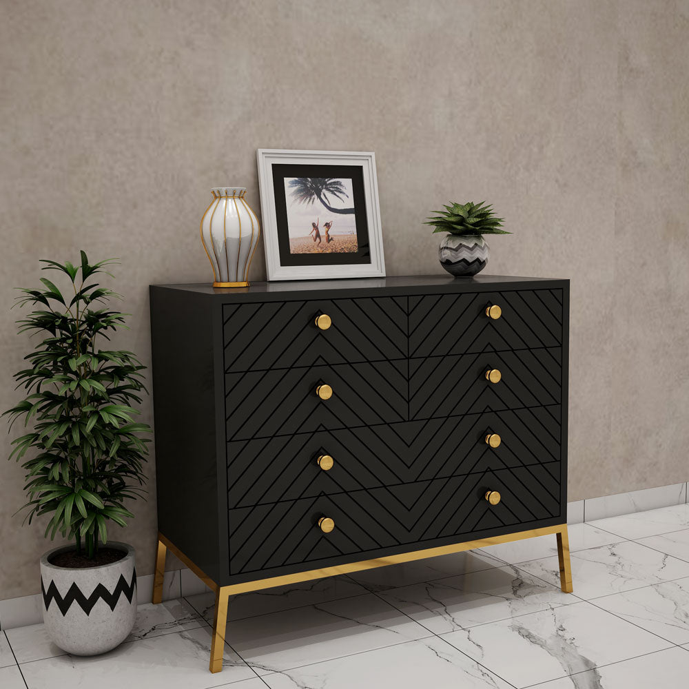 Chest of Drawer, Black Color Chest of Drawer, Chest of Drawer with Drawer, Chest of Drawer With MS Leg in Gold Finish, Chest of Drawer - EL11015