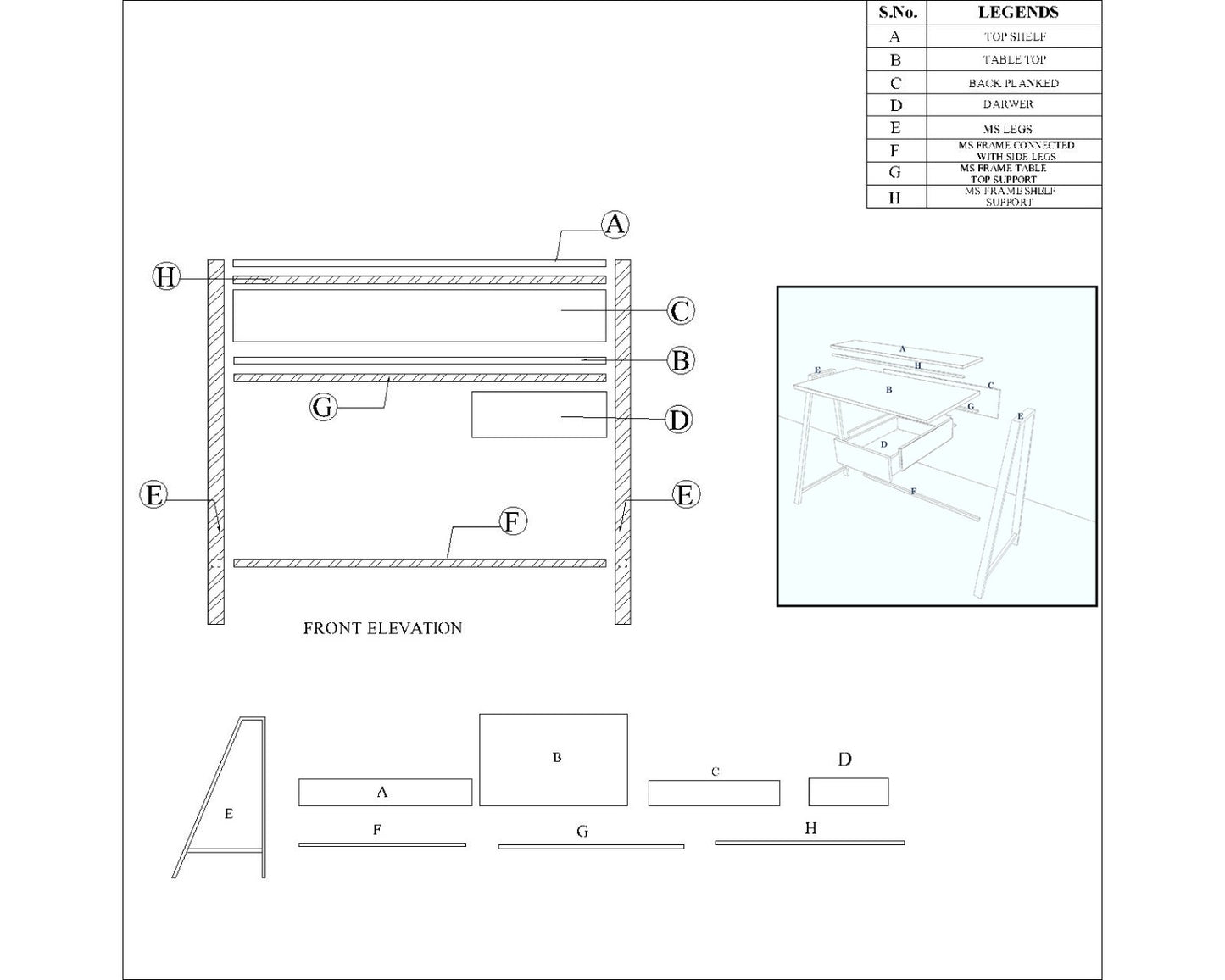 Study Table, Wood Study Table, Study Table with Open Shelf, Study Table with Drawer, Study Table with Black MS Leg, Study Table - EL - 12007