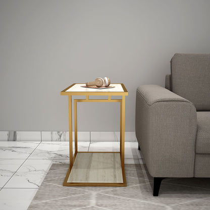 End Table, End Table with White & Gold Color, End Table with Open Shelf, End Table - EL12101