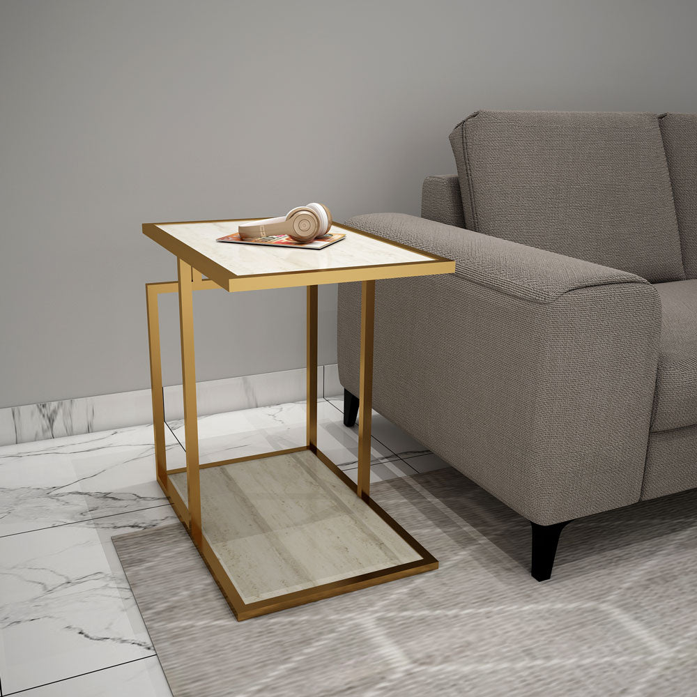 End Table, End Table with White & Gold Color, End Table with Open Shelf, End Table - EL12101