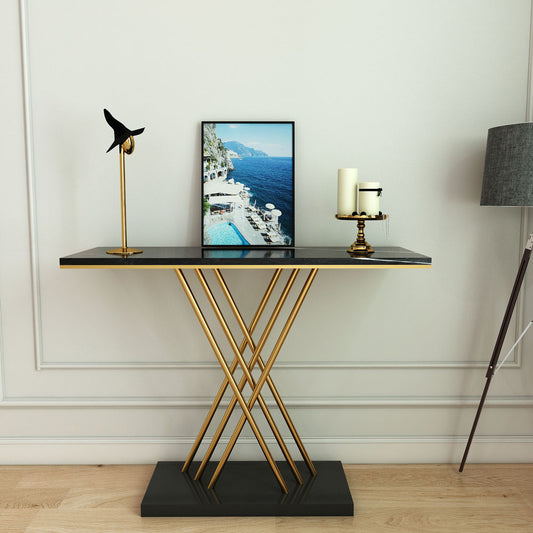 Console Table, Drawing Room Furniture, Console Table With Black & Gold Color, Console Table With MS Leg In Gold Finish, Console Tables - EL12125