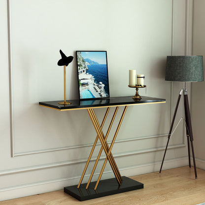 Console Table, Drawing Room Furniture, Console Table With Black & Gold Color, Console Table With MS Leg In Gold Finish, Console Tables - EL12125