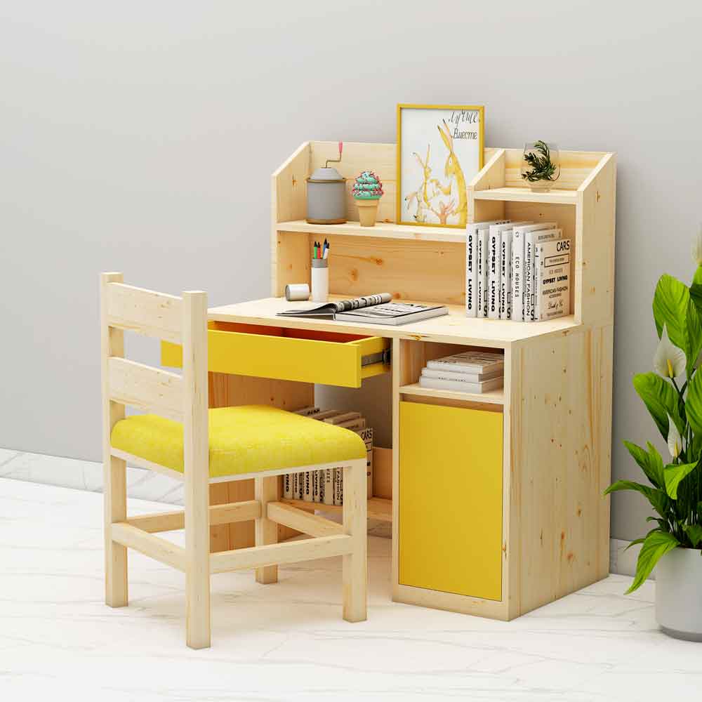 Kids Study Table, Natural Wood & Yellow Color Study Table, Study Table with Drawer & Shutter, Study Table with Chair, Study Table - EL12139