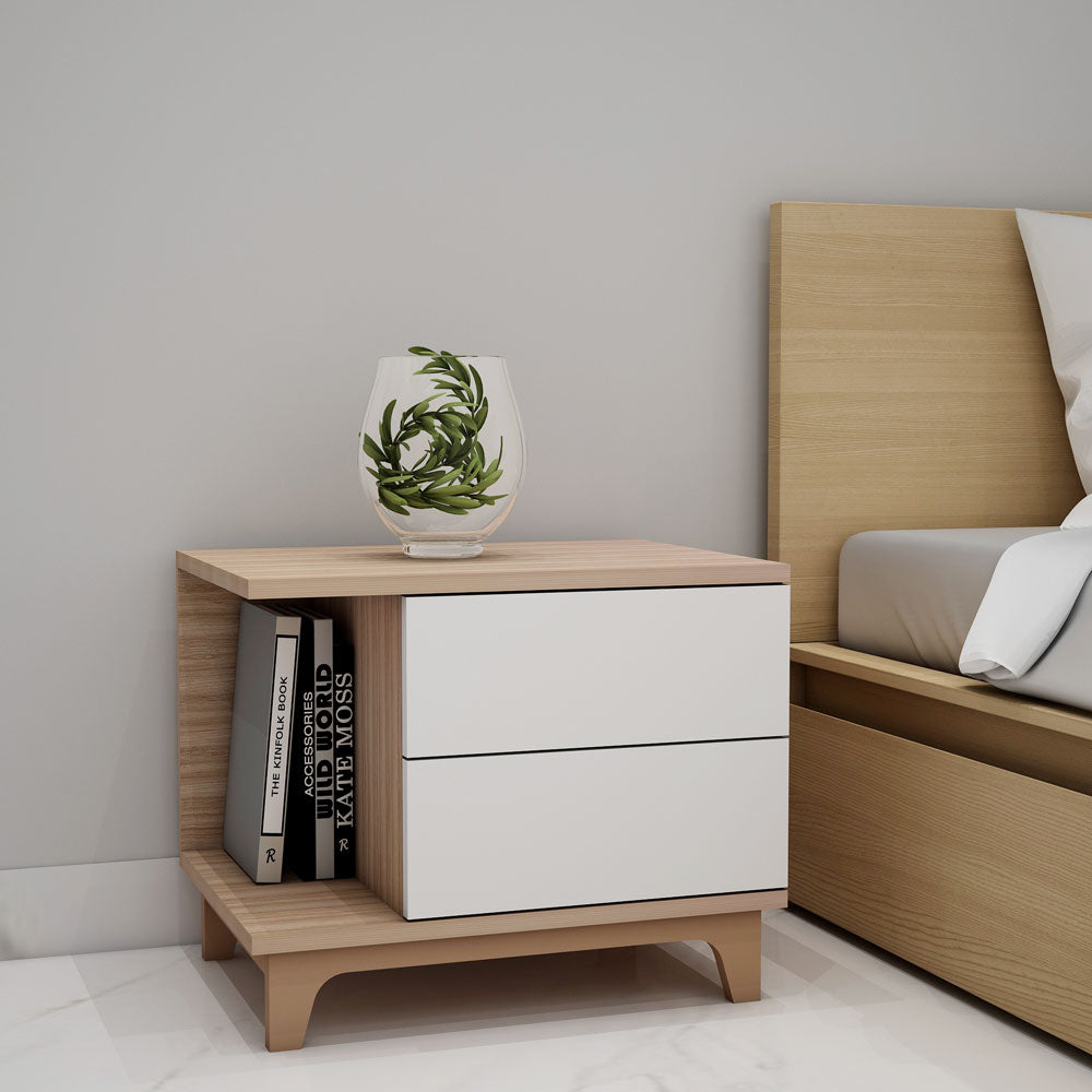 Bedside Table, White & Light Brown color Table, Bedside Table with Drawer, Open Space Bedside Table, Bedside Table - EL12168