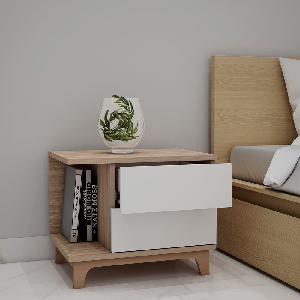 Bedside Table, White & Light Brown color Table, Bedside Table with Drawer, Open Space Bedside Table, Bedside Table - EL12168