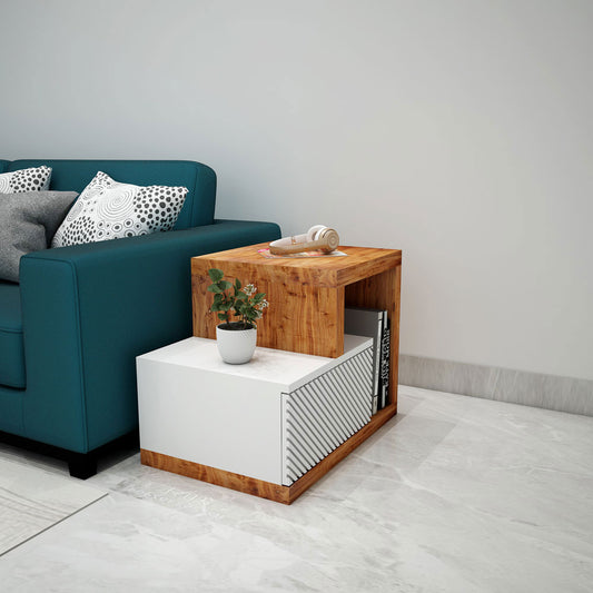 End Table, End Table with White & Brown Color, Sofa Side Table, End Table with Drawer & Open Space, End Table - EL12169