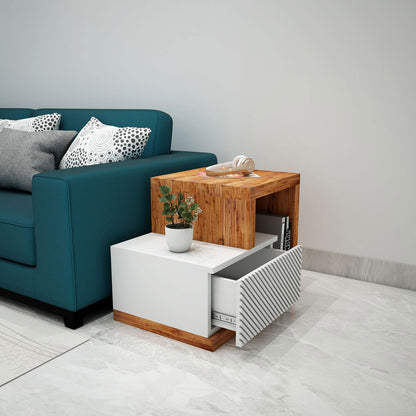 End Table, End Table with White & Brown Color, Sofa Side Table, End Table with Drawer & Open Space, End Table - EL12169